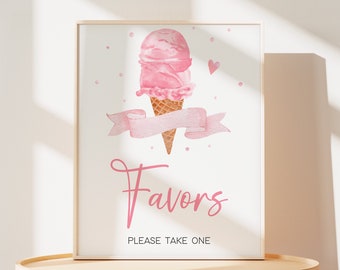 May include: Pink and white ice cream cone with a pink ribbon and the text "Favors" and "Please Take One".