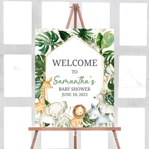 Cartel de bienvenida editable de Wild One Baby Shower, cartel de bienvenida de Greenery Safari Jungle Baby Shower, plantilla de signo de animales de Safari de la selva para niños 0311 imagen 1