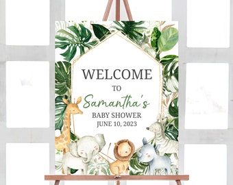 Editable Wild One Baby Shower Welcome Sign, Greenery Safari Jungle Baby Shower Welcome Poster, Boy Jungle Safari Animals Sign Template 0311