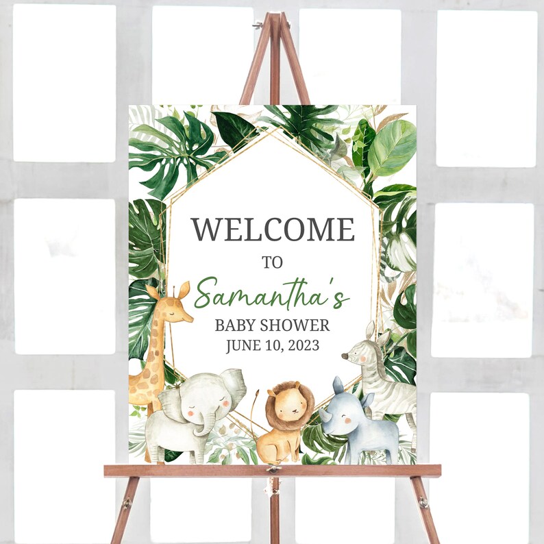 Cartel de bienvenida editable de Wild One Baby Shower, cartel de bienvenida de Greenery Safari Jungle Baby Shower, plantilla de signo de animales de Safari de la selva para niños 0311 imagen 1