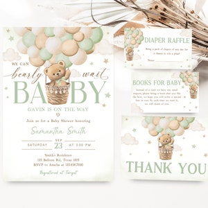 Editable Green Bear Baby Shower Invitation Bundle, We Can Bearly Wait Baby Shower Invite Set, Gender Neutral Bear Invitation, Boho Bear 0414