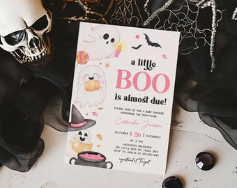 May include: A baby shower invitation with a Halloween theme. The invitation features cartoon ghosts, bats, and the text "a little BOO is almost due!" in pink. The invitation also includes the date, time, and location of the baby shower.