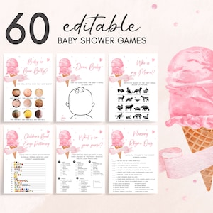 Editable Pink Ice Cream Baby Shower Games Bundle, Here&#39;s The Scoop Baby Shower Games, It&#39;s A Girl Summer Baby Shower Games Template, 0792