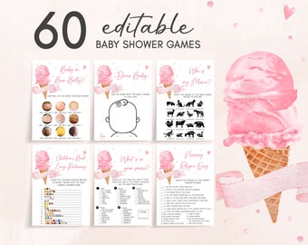 Paquete editable de juegos de baby shower con helado rosa, aquí están los juegos de baby shower Scoop, es una plantilla de juegos de baby shower de verano para niñas, 0792