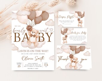 Editable We Can Bearly Wait Baby Shower Invitation Bundle, Brown Balloon Bear Baby Shower Invite Set, Gender Neutral Boho Bear Shower, 01027