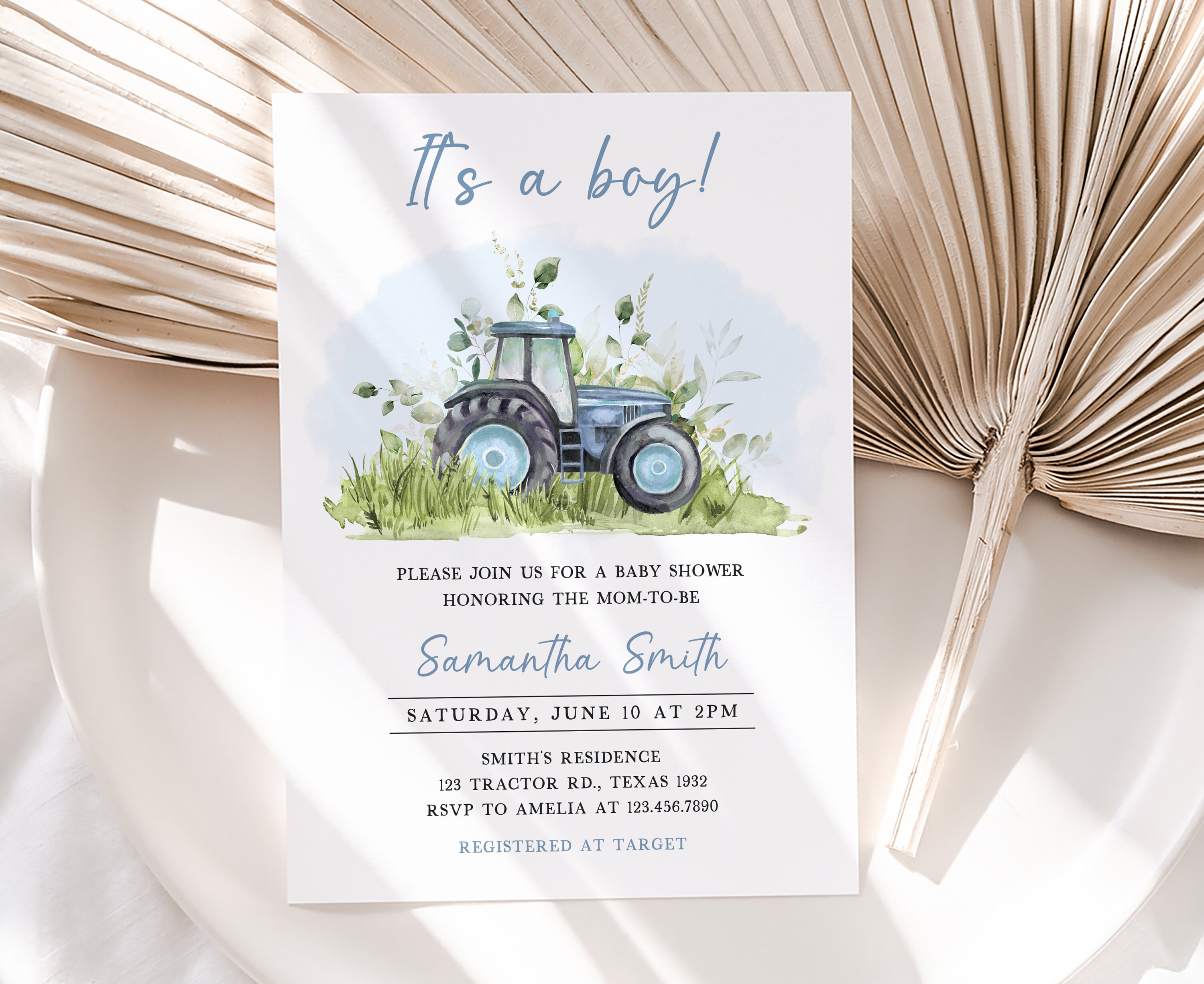 Editable Blue Tractor Baby Shower Invitation Bundle, Farm Baby Shower ...