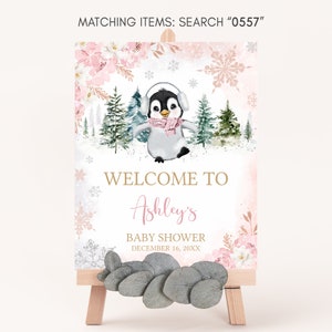 Editable Winter Penguin Baby Shower Welcome Sign, Girl Penguin Baby Shower Welcome Poster, Pink Baby It's Cold Outside Baby Shower, 0557 image 3