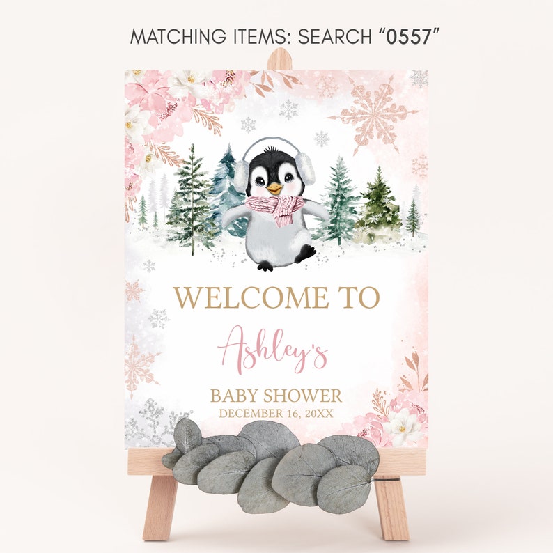 Editable Winter Penguin Baby Shower Welcome Sign, Girl Penguin Baby Shower Welcome Poster, Pink Baby It's Cold Outside Baby Shower, 0557 image 3