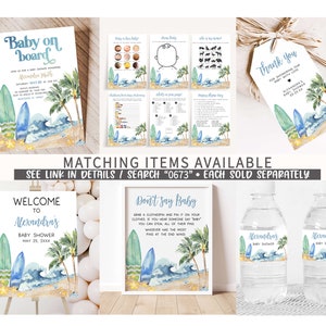 Editable Baby on Board Baby Shower Favor Tag, Surf Board Beach Baby Shower Gifts Tag, Surfing Summer Boy Baby Shower Thank You Tags, 0677 image 2