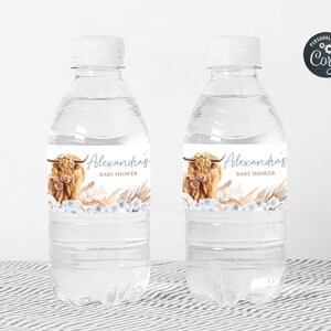 Editable Boho Highland Cow Baby Shower Bottle Label, Blue Holy Cow Baby Shower Water Label, Boy Highland Cow Boho Water Bottle Sticker, 0505 image 4