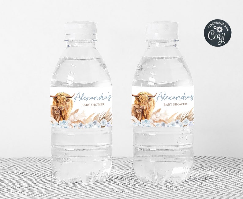 Editable Boho Highland Cow Baby Shower Bottle Label, Blue Holy Cow Baby Shower Water Label, Boy Highland Cow Boho Water Bottle Sticker, 0505 image 4