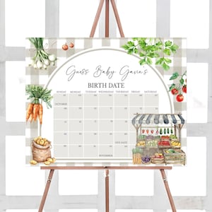 Calendario editable de fechas de entrega para baby shower de mercado de agricultores, calendario de baby shower de productos cultivados localmente, baby shower de frutas y verduras orgánicas, 0957
