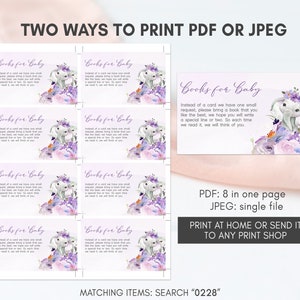 May include: Printable baby shower invitation cards with a purple and white floral design featuring a mother and baby elephant. The text reads "Books for Baby" and includes a request for guests to bring a book instead of a card. The cards are available in PDF and JPEG formats.