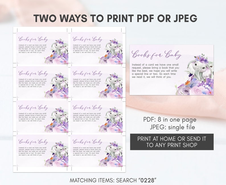 May include: Printable baby shower invitation cards with a purple and white floral design featuring a mother and baby elephant. The text reads "Books for Baby" and includes a request for guests to bring a book instead of a card. The cards are available in PDF and JPEG formats.