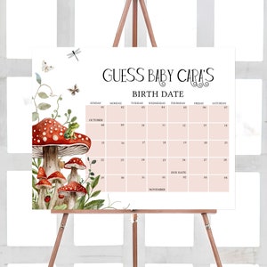Bearbeitbarer Pilz-Herbst-Babyparty-Fälligkeitskalender, verzauberter Wald Boho-Babypartykalender, kleiner Pilz-Babypartyspiel, 0847