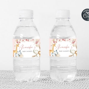 Editable Boho Safari Baby Shower Bottle Label, Pink Floral Jungle Baby Shower Water Labels, Girl Safari Animals Boho Bottle Stickers, 0309 image 3