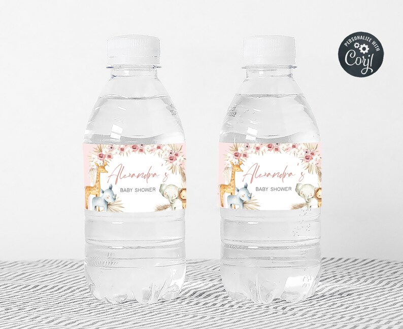 Editable Boho Safari Baby Shower Bottle Label, Pink Floral Jungle Baby Shower Water Labels, Girl Safari Animals Boho Bottle Stickers, 0309 image 3