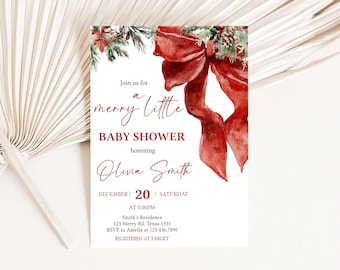 May include: A white baby shower invitation featuring a red bow and festive floral decorations. The card announces a baby shower for Olivia Smith, with the text "Join us for a merry little BABY SHOWER" and event details.