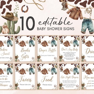 Cartello da tavolo modificabile A Little Cowboy Baby Shower, cartello con vestiti da cowboy del selvaggio West Baby Shower Bundle, lotteria pannolini da rodeo western per bambini, 01039
