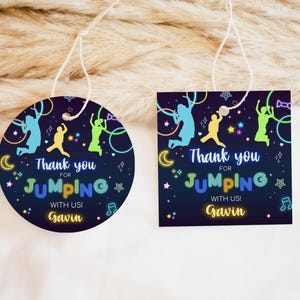 Editable Let's Jump Birthday Round Favor Tag, Neon Trampoline Party Tag, Boy Neon Glow Jump Party Favor Tag, Trampoline Birthday Tag, 93BD