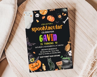 Editable Spooktacular Party Invitation, Halloween Birthday Invitation, Kids Halloween Invitation, Costume Party Birthday Party Invite, 18BD