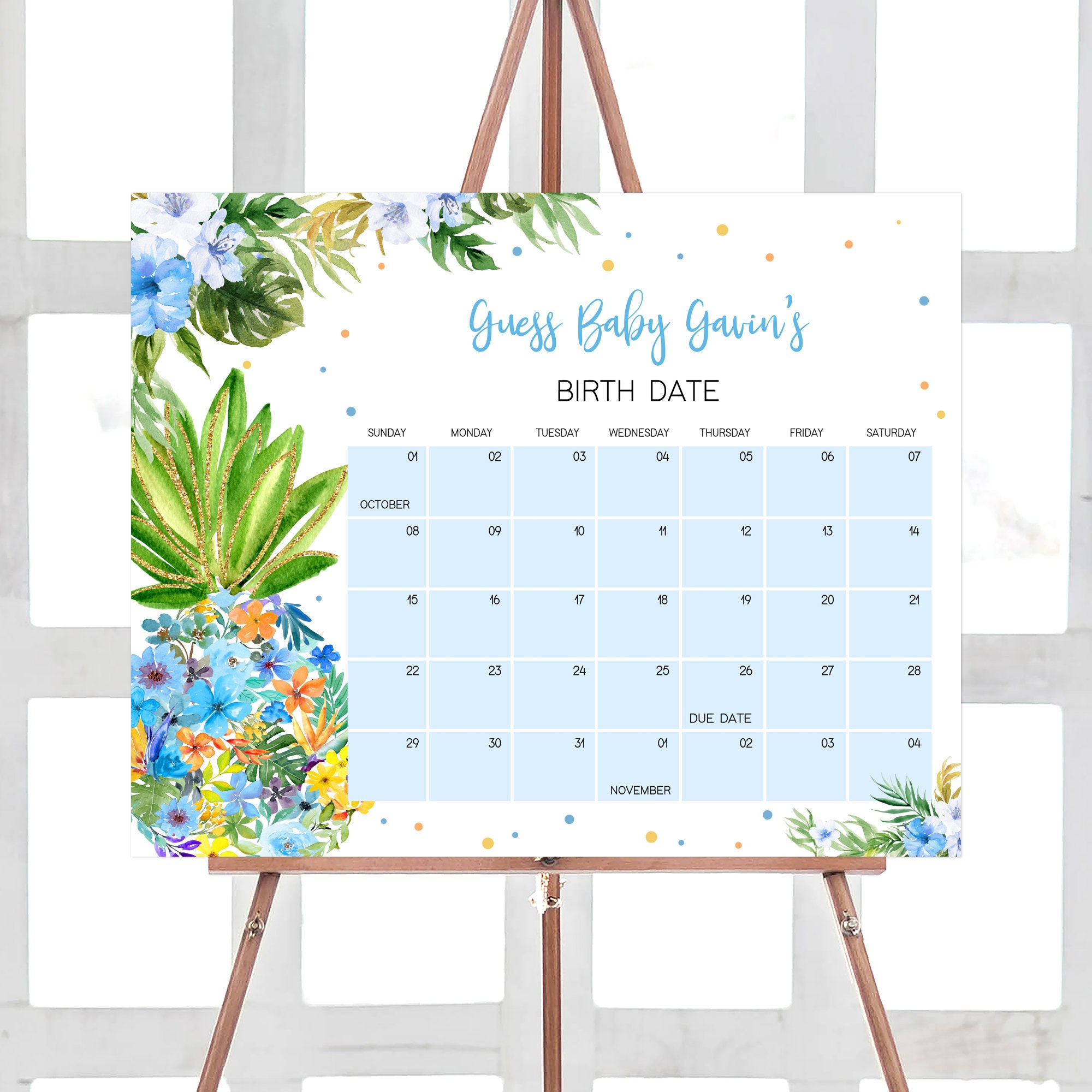 Editable Blue Pineapple Aloha Baby Shower Due Date Calendar, Floral Hawaiian Baby Shower Calendar, Tropical Summer Boy Baby Shower Game 0763