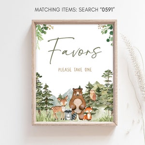 Woodland Baby Shower Favors Sign, Género Neutral Woodland Animals Baby Shower Favor Table Sign, Greenery Forest Baby Shower Favor Sign, 0591