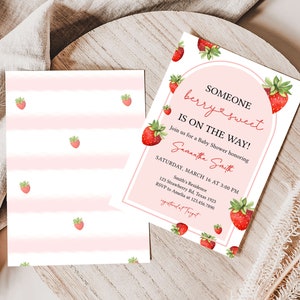 Invitación editable al baby shower de fresa, invitación al baby shower dulce de baya, invitación al baby shower de fresa roja, invitación al primer bebé de Berry, 0616 imagen 2