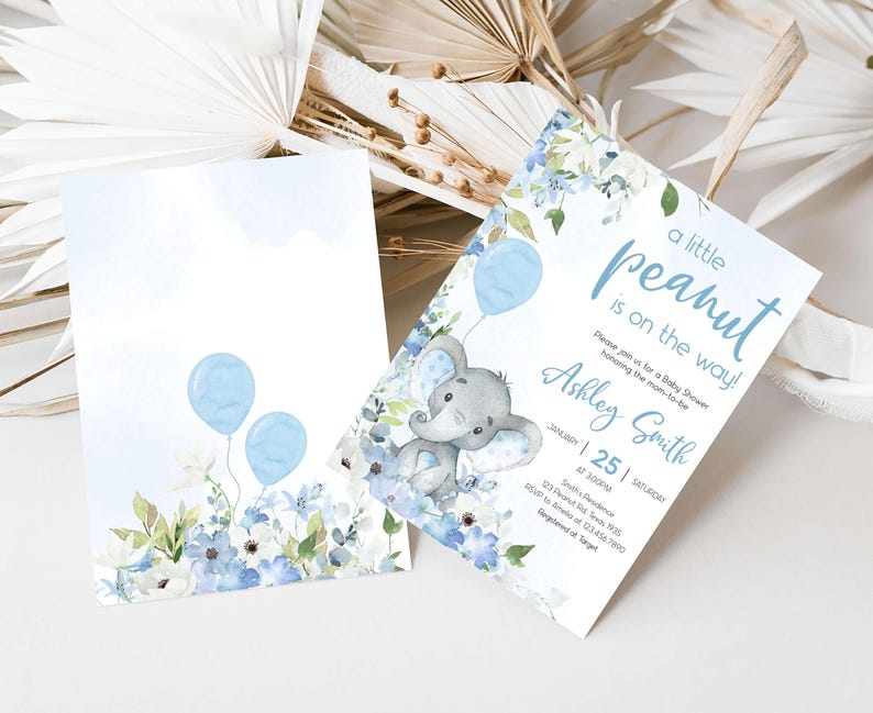 a baby elephant themed baby shower with blue balloons