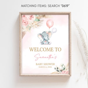 Redigerbar bohemisk elefant-babyshower-välkomstskylt, välkomstaffisch för flicka med rosa elefant, babyshower med rosa blommor och pampasgräs, 0619 bild 3