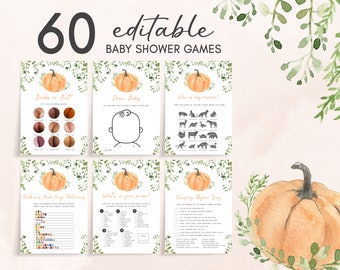 Edytowalny pakiet gier Little Pumpkin Baby Shower, pakiet gier Greenery Pumpkin Baby Shower, neutralny pod względem płci szablon jesiennych gier Pumpkin 0350
