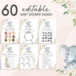 Pacchetto di giochi per baby shower con elefante neutro modificabile, pacchetto di giochi per baby shower con elefante floreale, giochi per baby shower con elefante verde, 0620 immagine 1