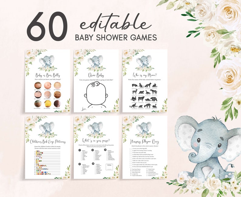 Pacchetto di giochi per baby shower con elefante neutro modificabile, pacchetto di giochi per baby shower con elefante floreale, giochi per baby shower con elefante verde, 0620 immagine 1