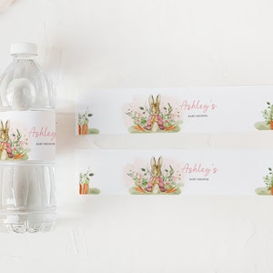 Editable Pink Peter Rabbit Baby Shower Bottle Label, Peter Rabbit Girl Baby Shower Water Labels, A Little Bunny Spring Bottle Stickers, 0626 image 3