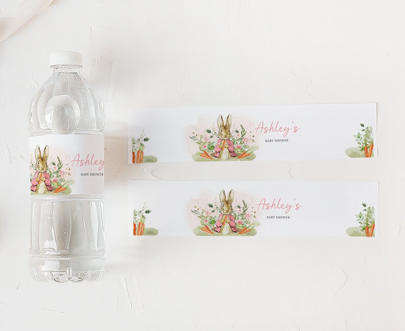 Editable Pink Peter Rabbit Baby Shower Bottle Label, Peter Rabbit Girl Baby Shower Water Labels, A Little Bunny Spring Bottle Stickers, 0626 image 3
