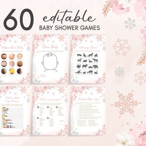 Editable Pink Snowflake Baby Shower Games Bundle, Pink A Little Snowflake Baby Shower Game Pack, Girl Winter Baby Shower Games Set, 0520 image 1