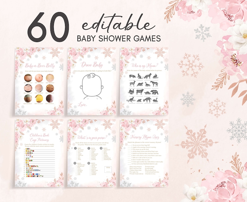 Editable Pink Snowflake Baby Shower Games Bundle, Pink A Little Snowflake Baby Shower Game Pack, Girl Winter Baby Shower Games Set, 0520 image 1