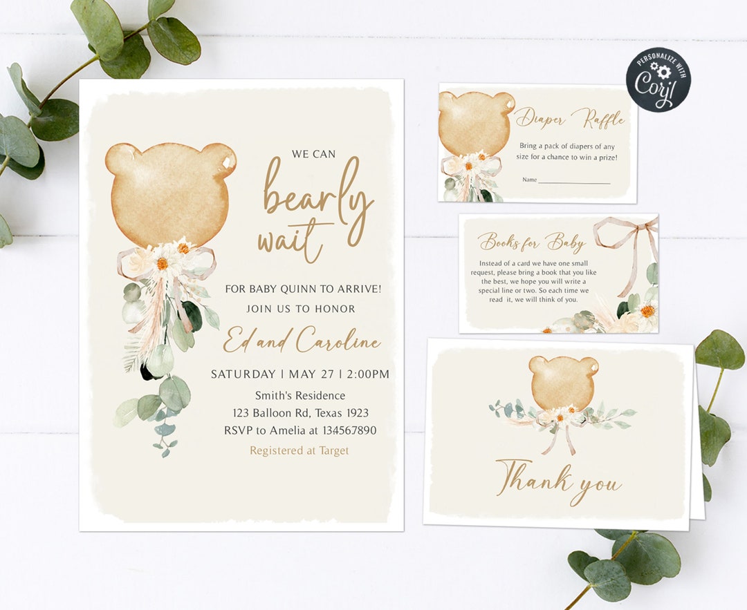 Editable We Can Bearly Wait Baby Shower Invitation Set Teddy Bear Baby ...