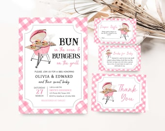 Editable Pink BBQ Baby Shower Invitation Bundle, Girl BabyQ Baby Shower Invite Set, Bun In The Oven and Burger In The Grill Baby Shower 0743