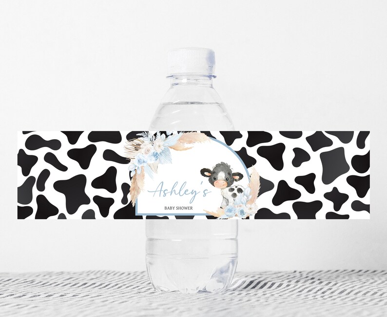 Editable Boy Holy Cow Baby Shower Bottle Label, Blue Highland Cow Baby Shower Water Labels, Bohemian Floral Farm Water Bottle Stickers, 0663 image 1