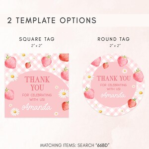 a pink strawberry themed thank card with matching tags
