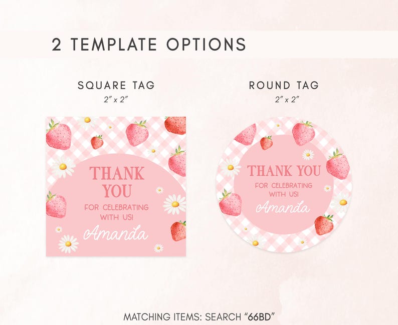 a pink strawberry themed thank card with matching tags