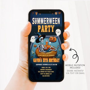 a person's hand holding a smartphone displaying a Halloween-themed birthday party invitation for Gavin's 13th birthday.