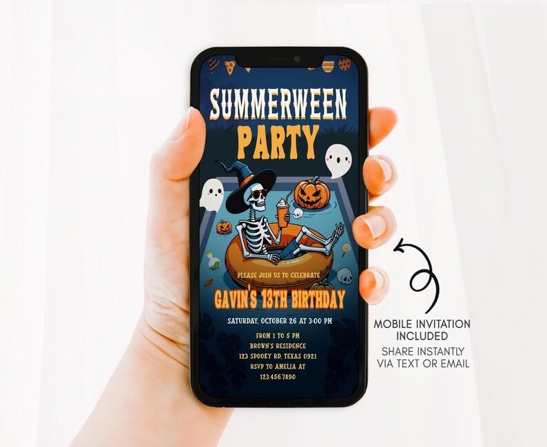 a person's hand holding a smartphone displaying a Halloween-themed birthday party invitation for Gavin's 13th birthday.