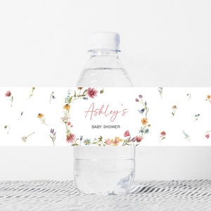 Bewerkbaar fleslabel wilde bloemen babyshower, bloemen boho waterlabels babyshower, een beetje wilde bloemen lentewaterflesstickers, 0630