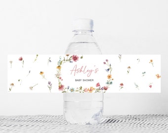 Etiqueta editable de botella de baby shower de flores silvestres, etiquetas de agua de baby shower floral boho, pegatinas de botellas de agua de manantial de flores silvestres, 0630