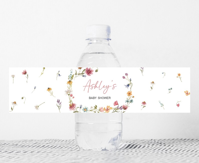 Editable Wildflower Baby Shower Bottle Label, Floral Boho Baby Shower Water Labels, A Little Wildflower Spring Water Bottle Stickers, 0630 image 1