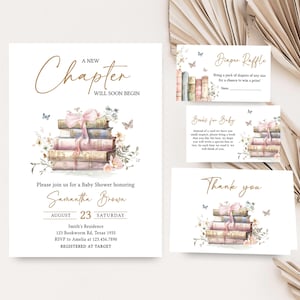 Redigerbar "Ett nytt kapitel börjar"-inbjudningspaket för babyshower, Coquette Storybook-inbjudningsset för babyshower, neutral bokinbjudan för babyshower, 01083