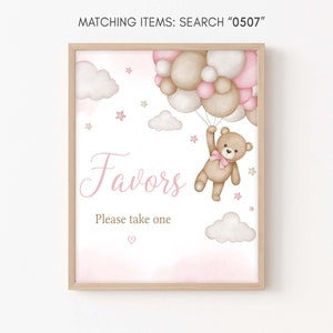 Pink Girl Bear Baby Shower Favors Sign, We Can Bearly Wait Baby Shower Favor Table Sign, Pink Balloon Bear Girl Baby Shower Favor Sign, 0507