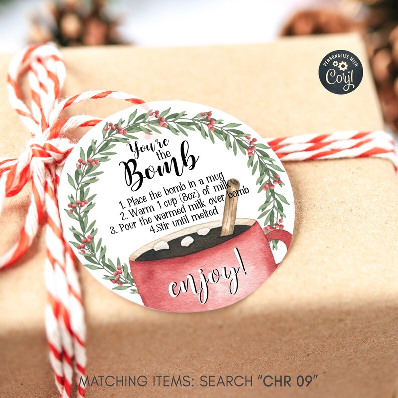 Editable Hot Chocolate Bomb Tags Cookies and Cocoa Favor Tags Bomb Instructions You/'re The Bomb Christmas Winter Tags Printable CHR 09